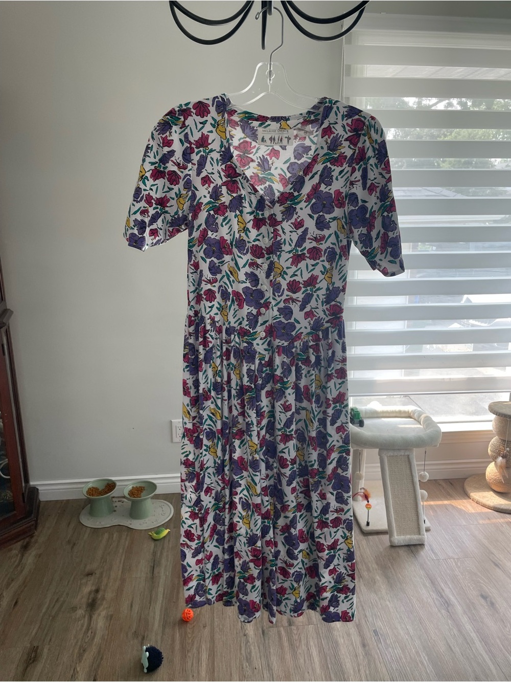 V-Neck White Midi Dress with Purple & Pink Floral Print Vintage Melrose Avenue